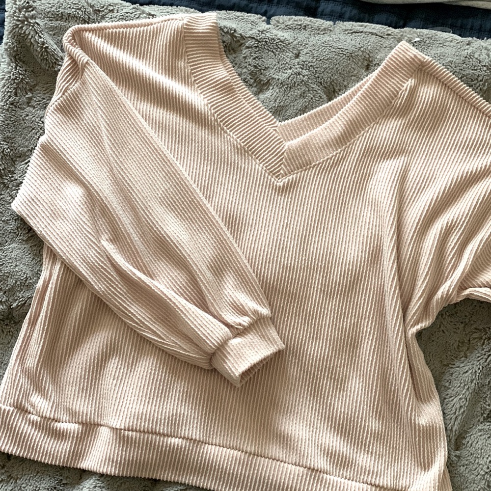 Pale Pink Corded V-Neck Blouse